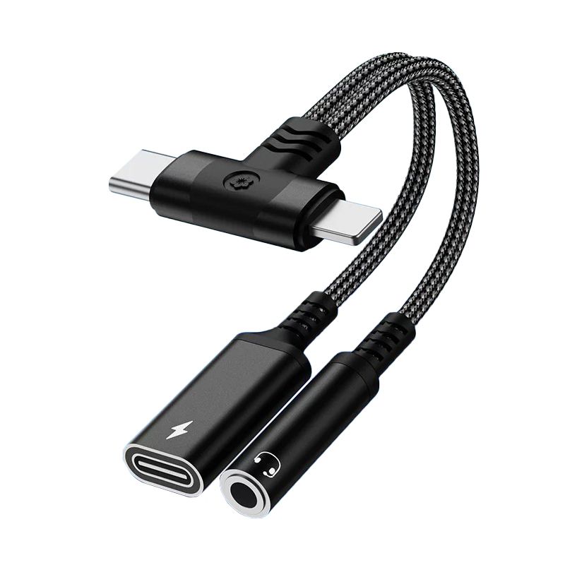 4 in 1 3.5mm AUX Audio Male and Charge USB C Male to Lighting Female and USB C Female (Black)(T-shaped)(0.3ft)