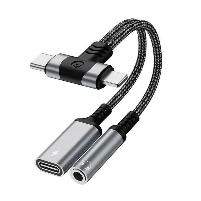 4 in 1 3.5mm AUX Audio Female and Charge USB C Female to Lighting Male and USB C Male (Sliver)(T-shaped)(0.3ft)