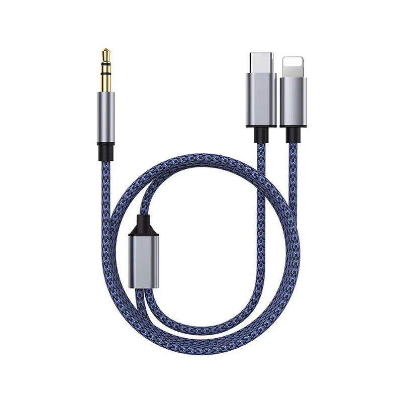 2 in 1 USB C & Lightning to 3.5mm AUX Audio Cable-Blue(1.2M)