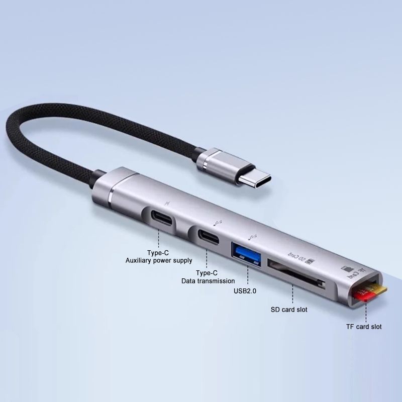 USB C Hub With 1 Port USB 2.0 ,1 Charge Type-C ,1 Data Type-c and 1 SD Card Reader and 1 TF Card Reader Hub Splitter and 0.65ft Extended Cable