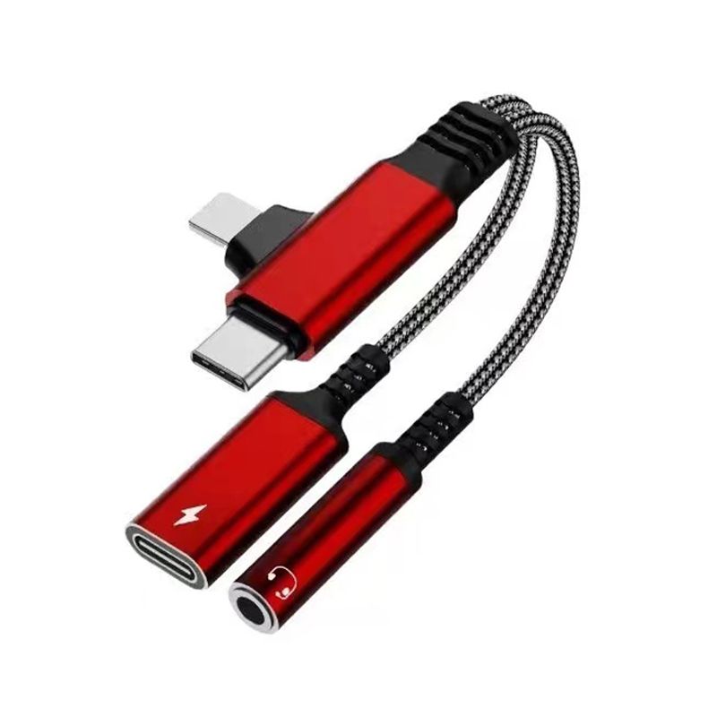 4 in 1 Lighting Male and USB C Male to 3.5mm AUX Audio Female and Charge USB C Female (Red)(0.3ft)