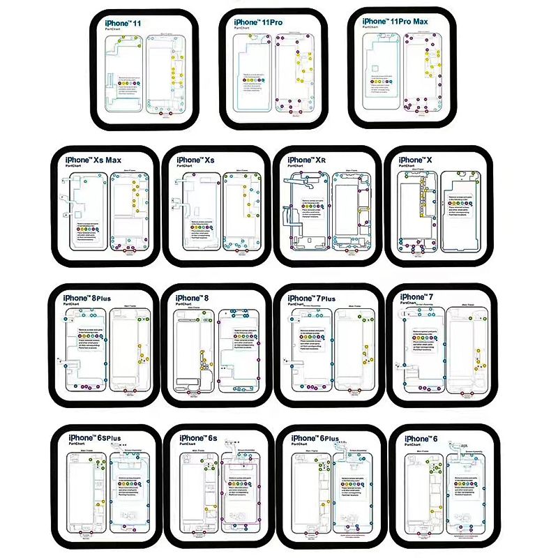 15 in 1 Magnetic Screw Position Memory Pad Set for iPhone 6 6P 6S 7 7P 8 8P X XS Max XR 11 11pro 11pro max Repair 1pcs Magnetic Screw Mat and 15pcs Phone Part Chart Assembly Assistant Tool Mat Maps