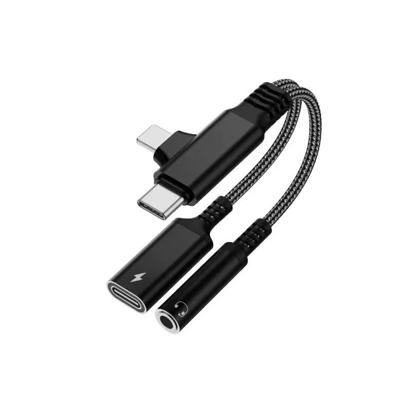 4 in 1 Lighting Male and USB C Male to 3.5mm AUX Audio Female and Charge USB C Female (Black)(0.3ft)