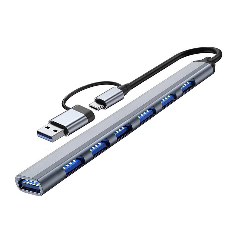 2 in 1 USB C&USB 3.0 Hub With 7 Port USB 3.0 Hub Splitter and 0.65ft Extended Cable(Sliver)