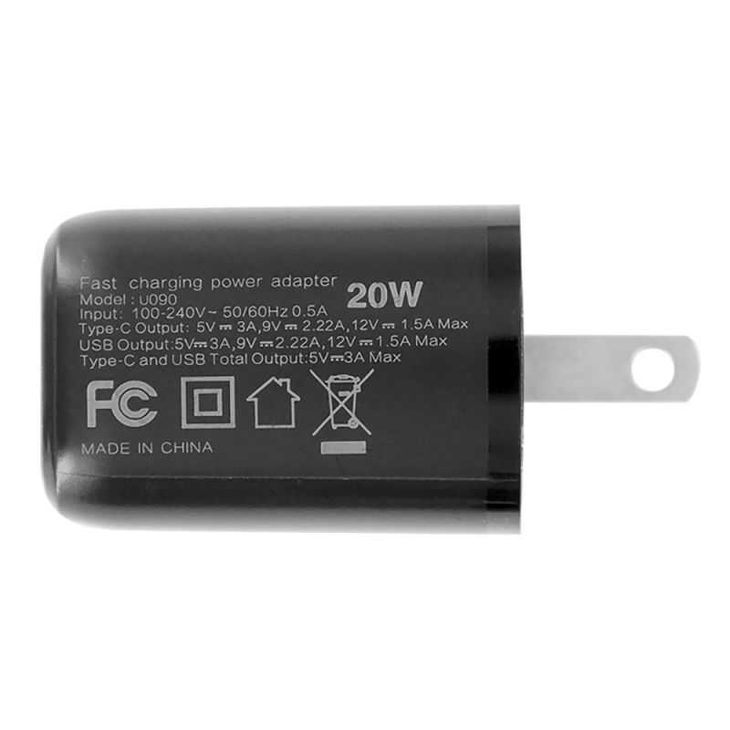 2-Port PD Type C (20W) & USB A (20W) Wall Charger Adapter for Mobile Phone (U090) - Black