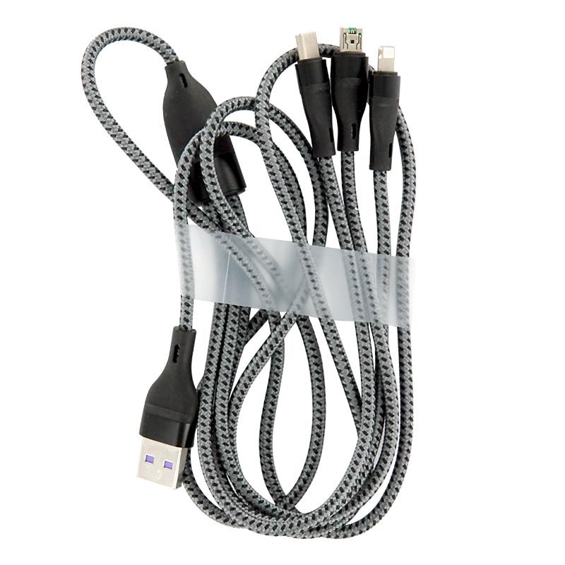 3 in 1 USB Fast Charging Data Cable - Black (1.2M)