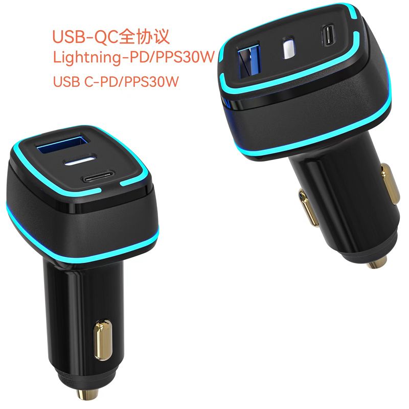 3-Port PD Type C 1 (30W) & LT8 2 (30W) & USB A (30W) Car Charger Adapter for Mobile Phone & Tablet & Laptop - Black