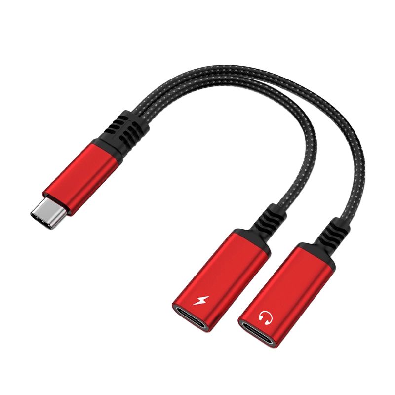 2 in 1 USB C to Dual USB C Audio&Charging Braid Cable Adapter-Red