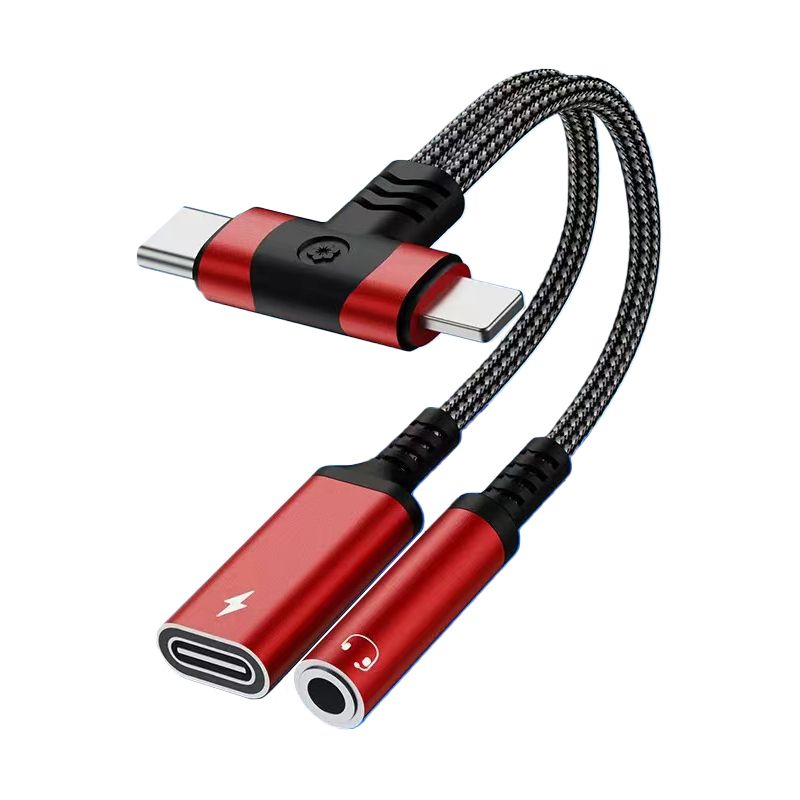 4 in 1 3.5mm AUX Audio Female and Charge USB C Female to Lighting Male and USB C Male (Red)(T-shaped)(0.3ft)